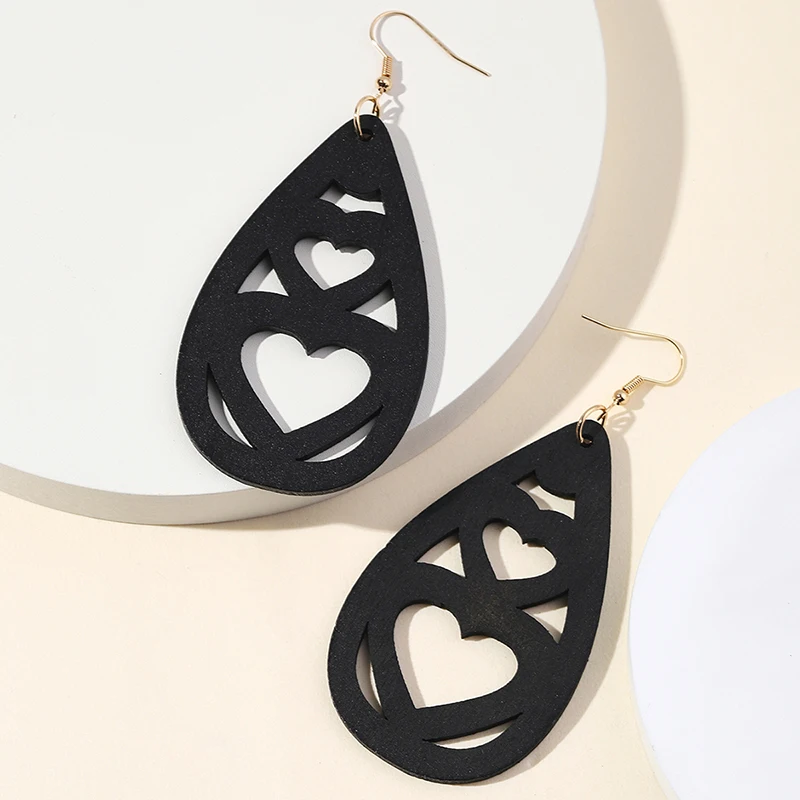 Женские деревянные полые серьги-сердечки в стиле ретро