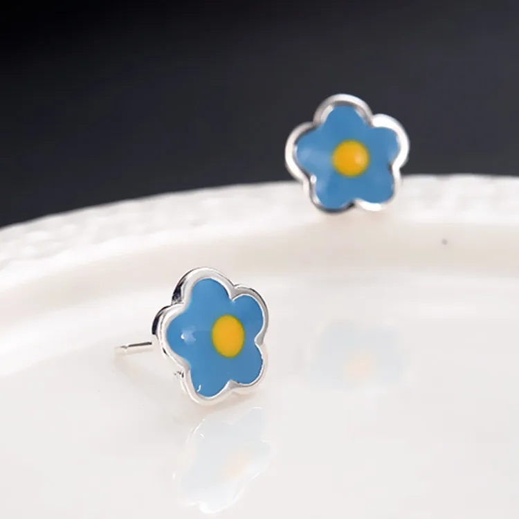 

Blue Enamel Flower Earring for Women Wedding Jewelry Mujer Moda Perforated Female Elegant Stud Earrings Gift Party Korean Style