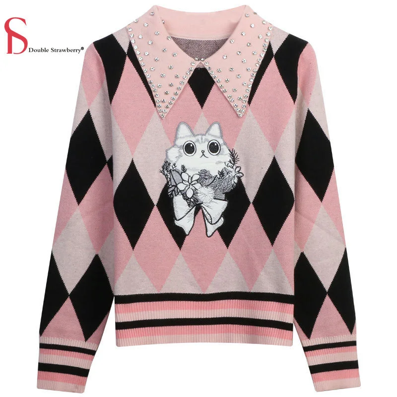 

Knitwear Sweater Autumn and Winter New Women's Dress Contrast Rhombic Cat Patch Embroidery College Style Polo Top