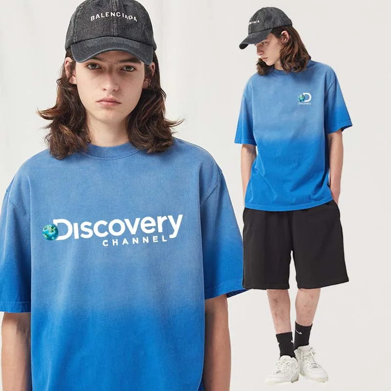 

Discovery Channel Loose Gradient Graphic Colorfuls 100% Cotton 2023 Summer Spring Classical T-shirts Short Sleeve O-Neck Tees