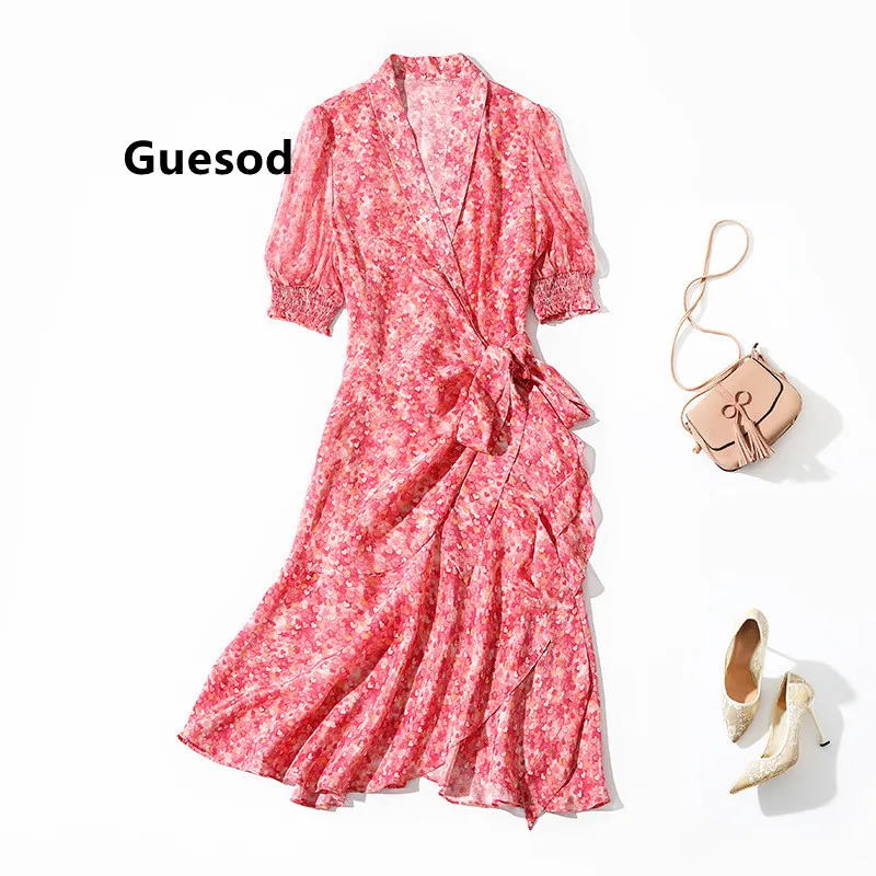

Женское шелковое платье-кимоно Guesod, летнее короткое платье с принтом в виде розовых сердечек и V-образным вырезом, приталенное платье с пояс...