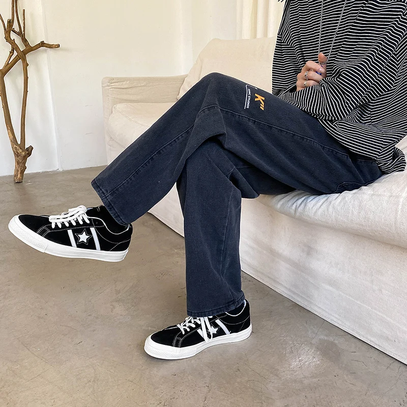 Streetwear Oversize Baggy Jeans Men Korean Fashion Black Denim Trousers Light Blue Elastic Waist Design Skate Pants Brand