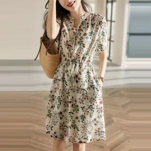 2021 New Ladies Short Sleeve Printed Drawstring Lace Chiffon Fashion Chic Floral Ladies Mini Dress G
