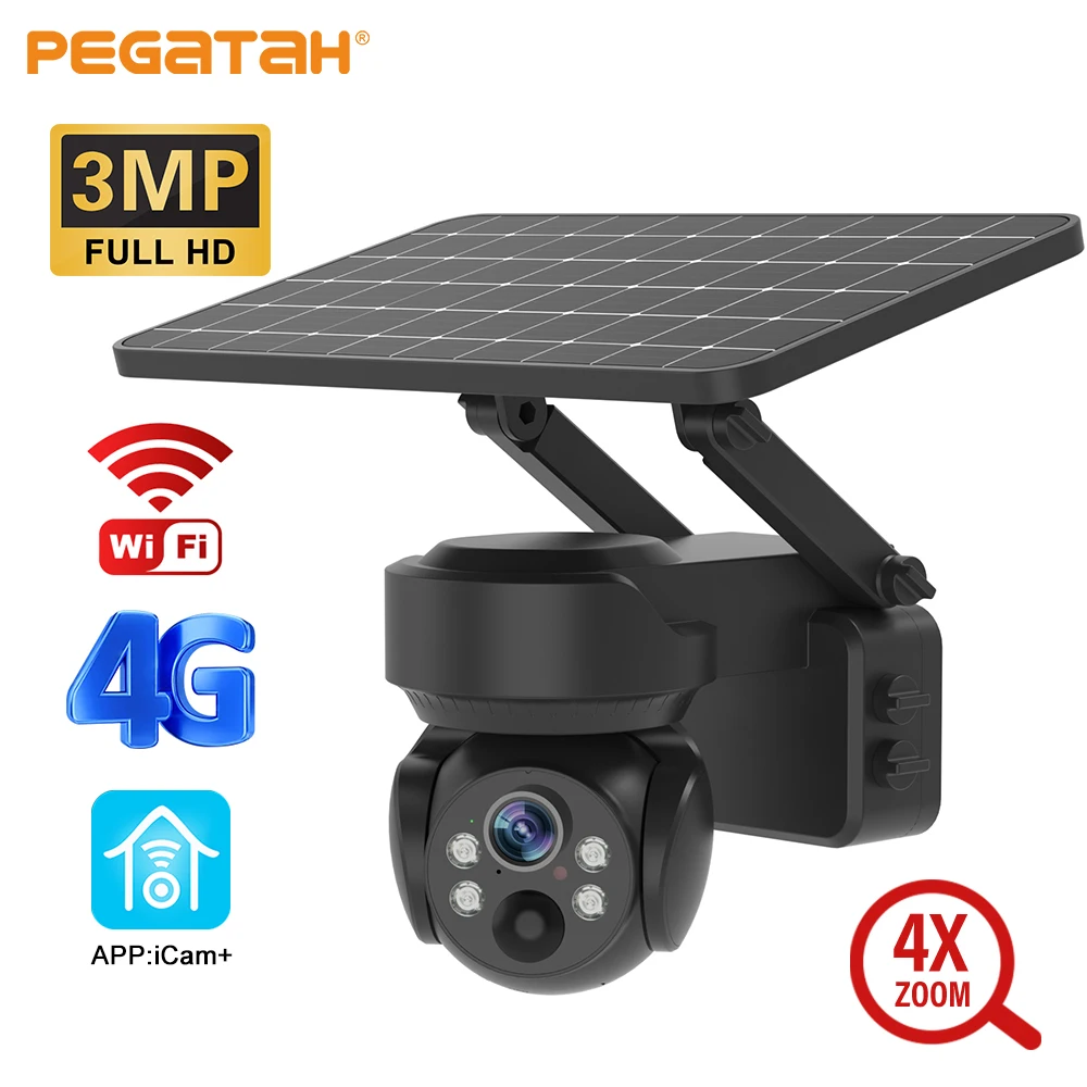 

PEGATAH 3MP Солнечная камера наружная 4G/Wifi камера 4X оптический зум Обнаружение движения полноцветная ночное видение IP-камеры безопасности