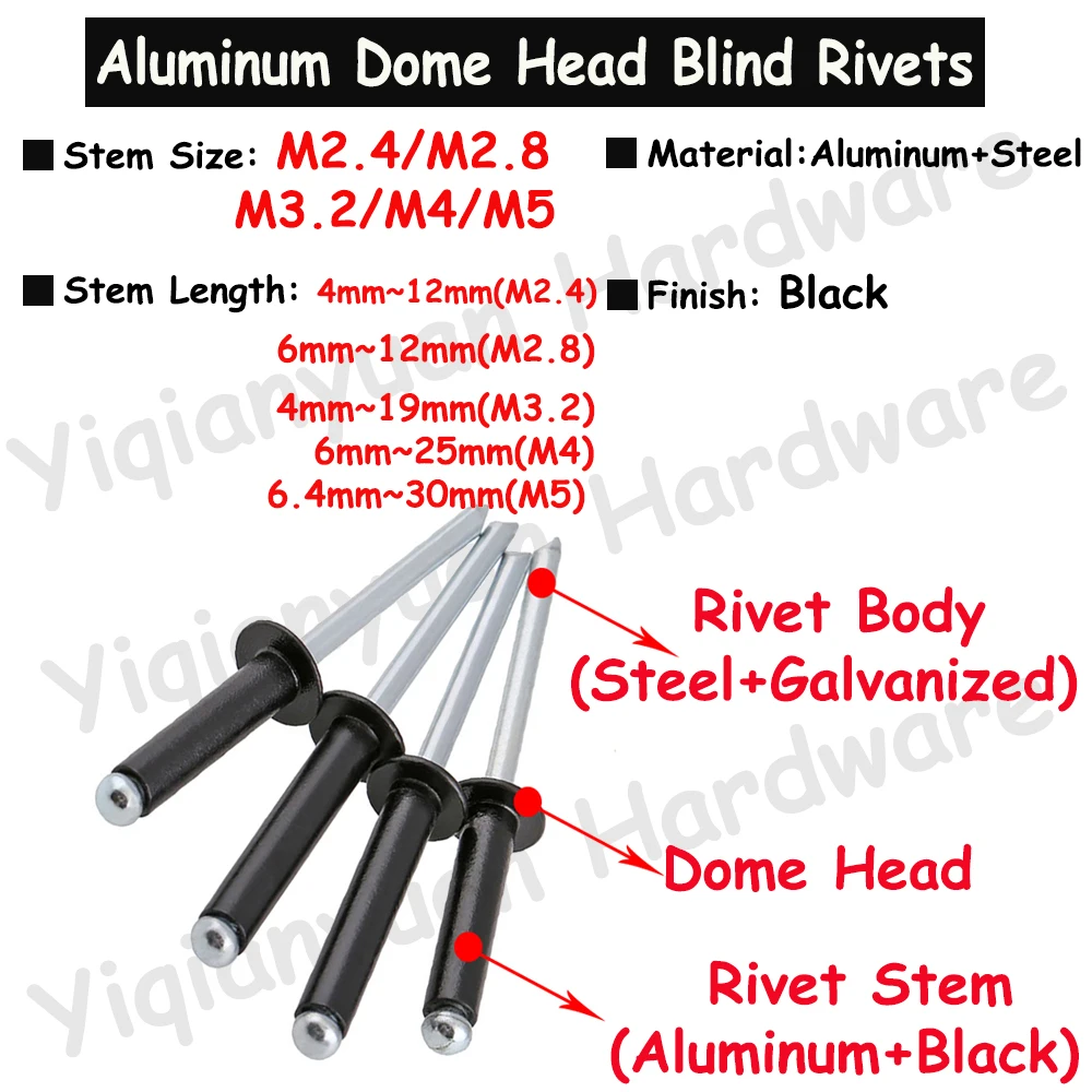 

10Pcs~50Pcs M2.4 M2.8 M3.2 M4 M5 Black Aluminum Mushroom Head Break Mandrel Blind Rivets Pull Nail Pop Open Rivets For Furniture