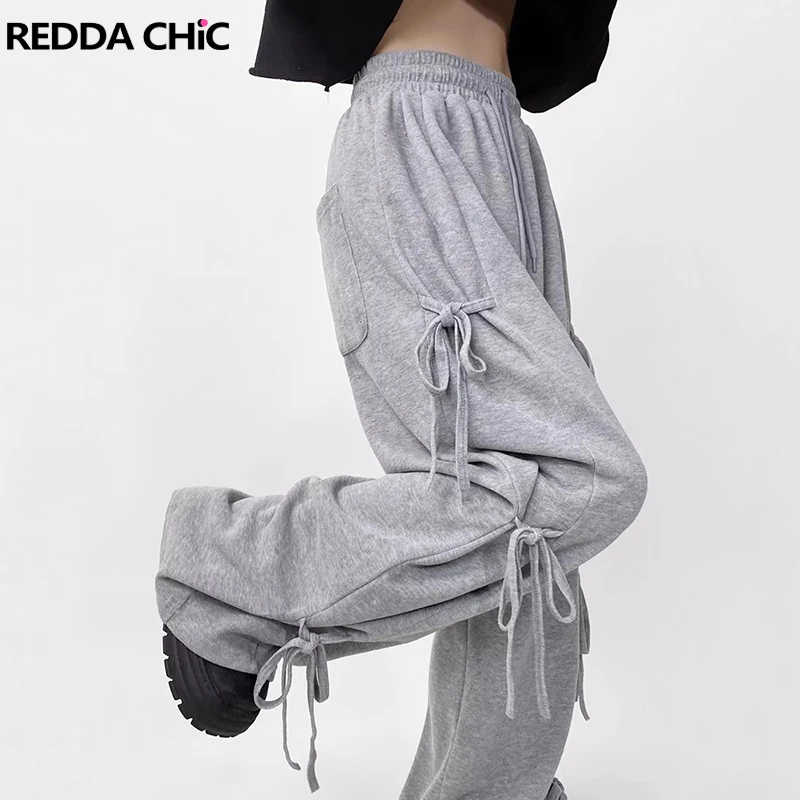 Широкие женские спортивные брюки REDDACHiC с лентами серые простые повседневные на