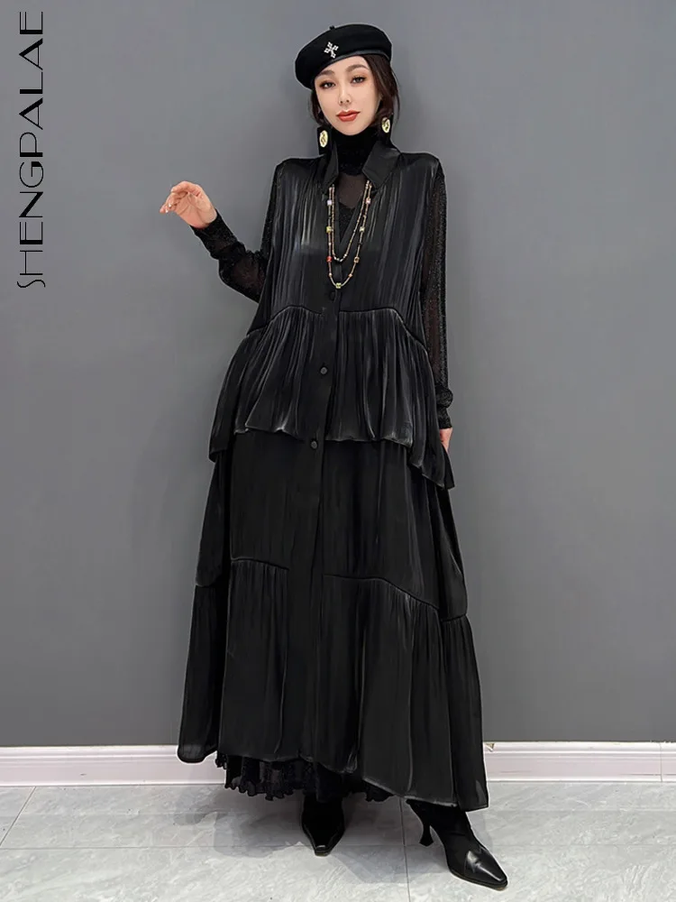 

Женское блестящее платье без рукавов SHENGPALAE, модное однобортное платье с отворотами и складками, элегантное платье на осень 2023, новинка 5R2385