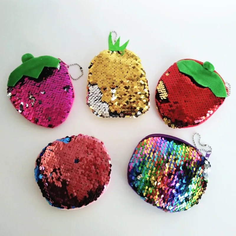 

Girls Mermaid Sequin Coin Purse Fruit Storage Bag Plush Zipper Earphone Bag Key Case Fashion Sequin Small Wallet For Women