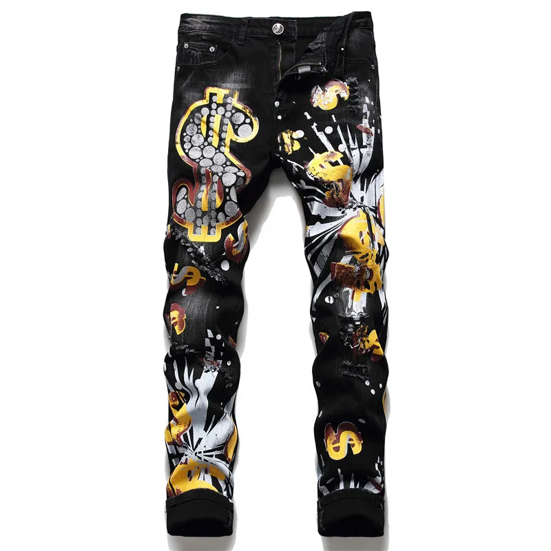 

Мужские черные джинсовые брюки с принтом $2023, уличная одежда в стиле хип-хоп, рваные джинсы с дырками, модные джинсовые брюки в стиле Харадзюку для мужчин на весну