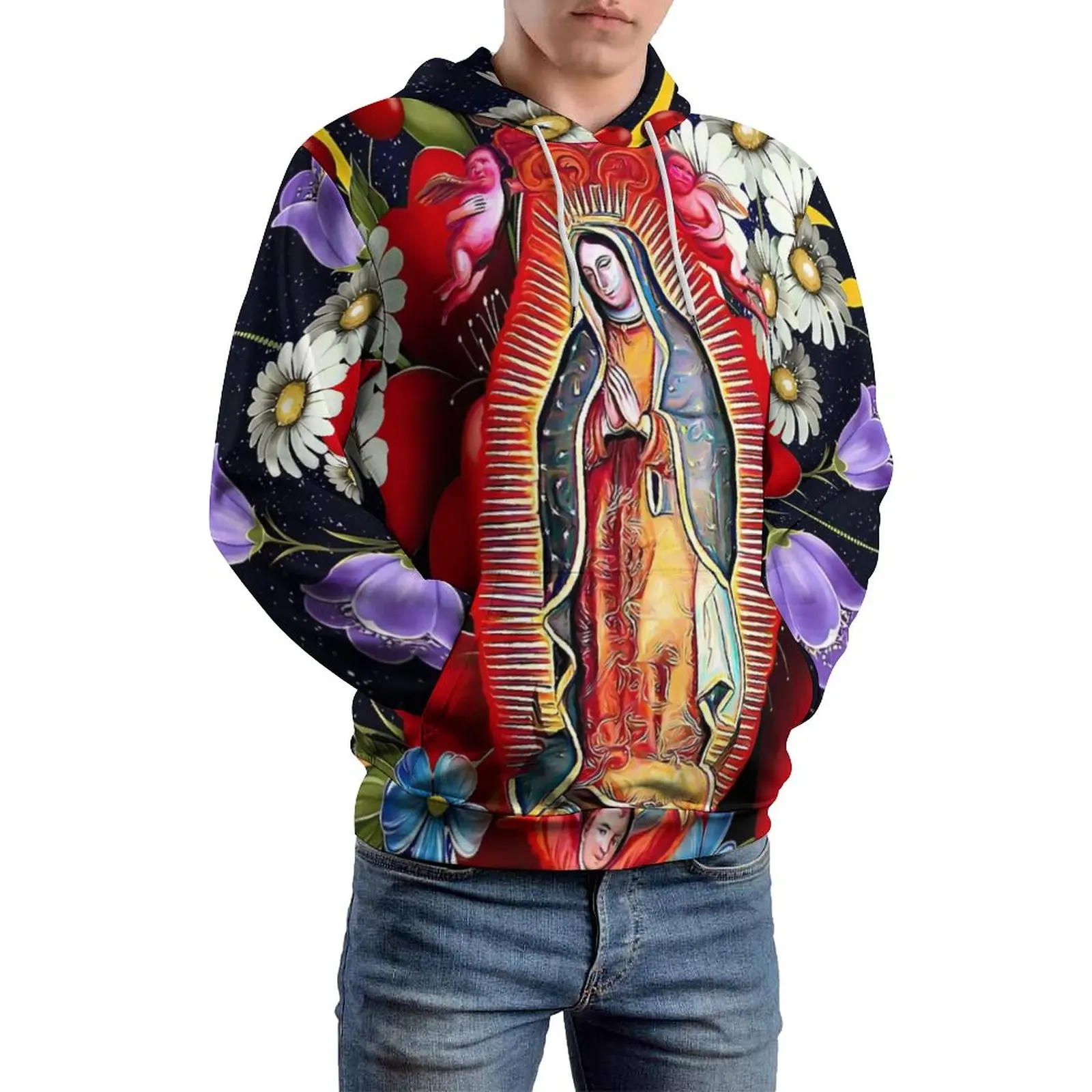 

Повседневные толстовки с капюшоном мексиканской Девы Марии, пуловер с длинным рукавом, наш леди Гуадалупе, толстовка, весенние Свободные толстовки большого размера с капюшоном