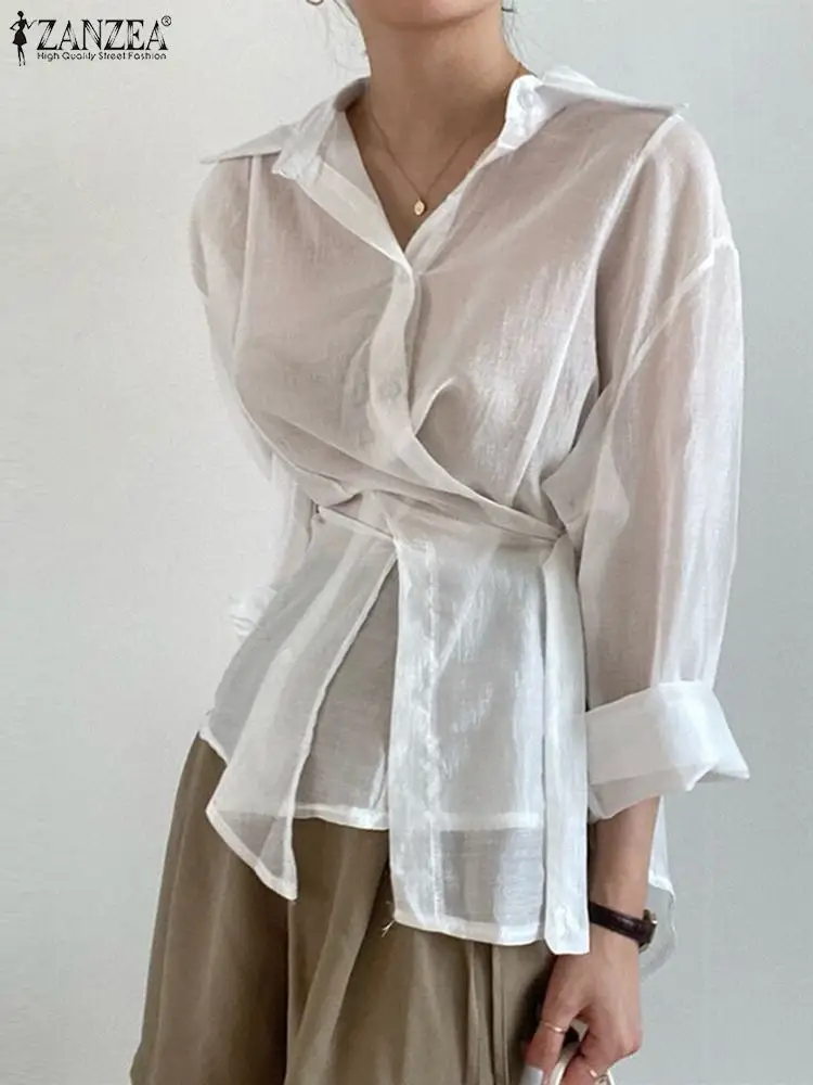 

ZANZEA Streetwear Casual Loose Tops Women Long Sleeve Shirt Fashion See-through Wrap Blouse 2023 Summer Turn Down Collar Tunic