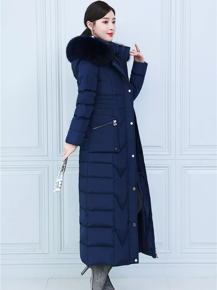 New Women Lengthened Down Jacket Winter Coat Fashion Real Fox Fur Collar Thicken Warm Down Coat Slim Long Hooded Overcoat Female