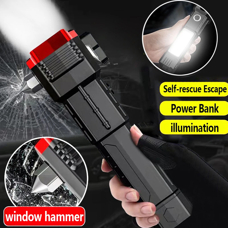 

USB Charging Super Bright LED Flashlight With Safety Hammer Side Light Torch Light Portable Lantern Outdoor Adventure Lighting