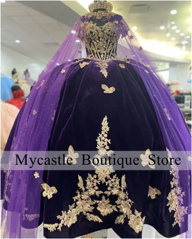 

Фиолетовое кружевное платье с аппликацией, бальное платье 2024 с накидкой из бисера, милое платье 16, платье на шнуровке, платья 15 Quinceañer