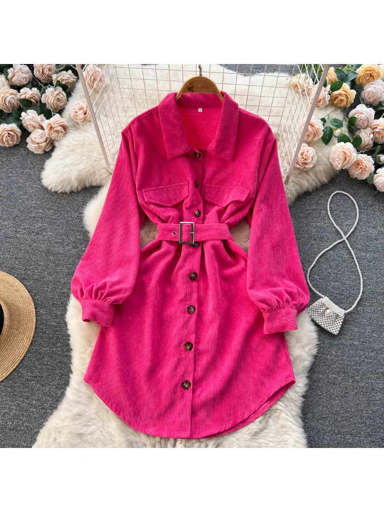 

Vintage Single Breasted Corduroy Shirt Dress with Belt Turn Down Collar Straight Dress Streetwear