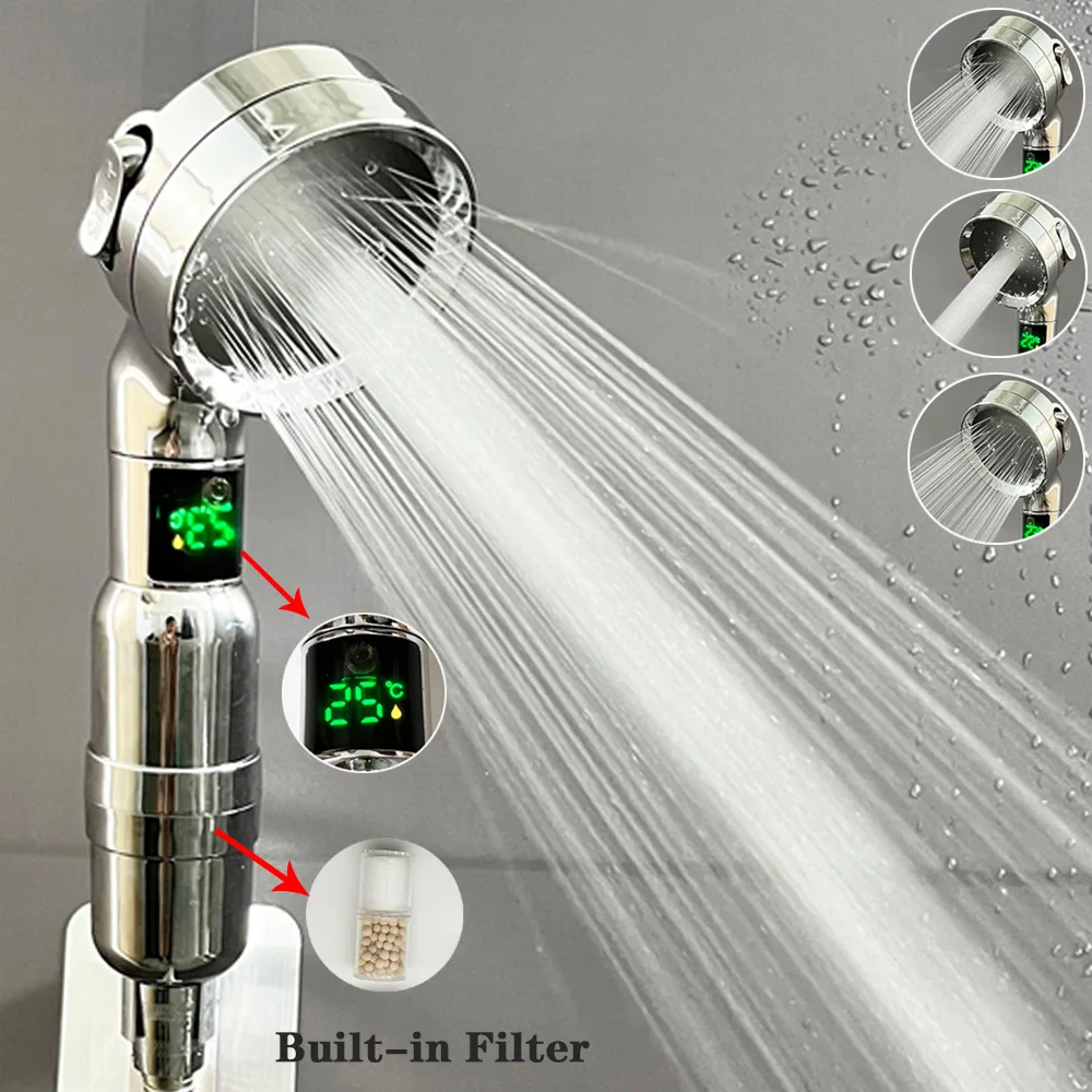 

LED Digital Temperature Display Shower Head Large Flow 3 Modes Filter High Pressure Spray Nozzle Eco Rainfall Bathroom Shower