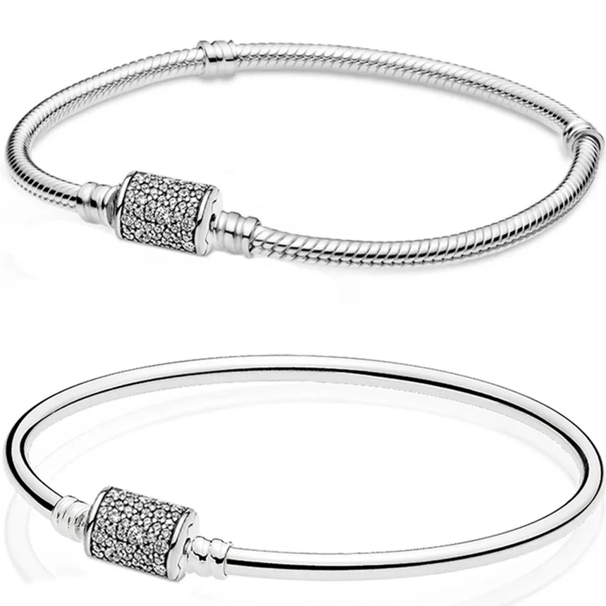 

Authentic 925 Sterling Silver Moments Barrel Clasp With Crystal Snake Chain Bracelet Fit Women Bead Charm Fashion Jewelry