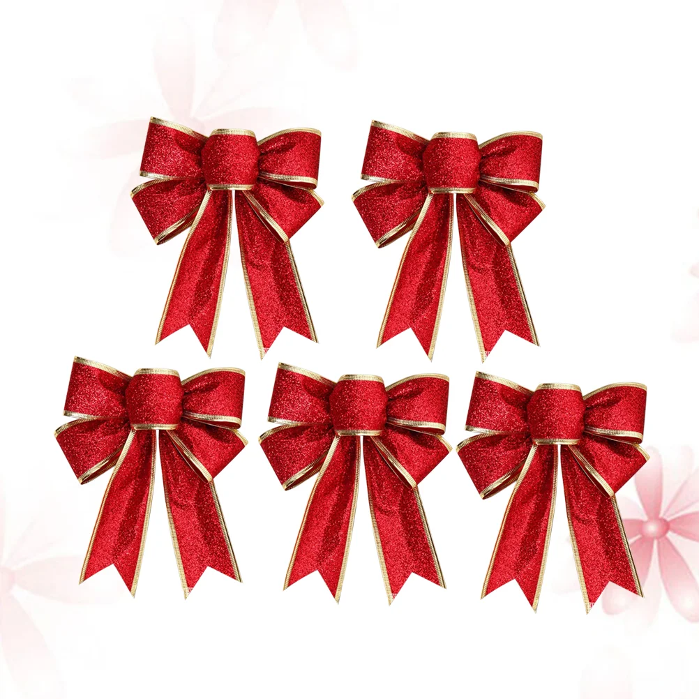 

5pcs Christmas Bows Tree Red Large Wreath Ribbonbow Decorative Topper Knot Gift Glittering Fabric Ornaments Wreaths
