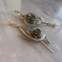 antique carving rose flower water drop women earrings vintage silver color metal leaf hook dangle earrings for women party