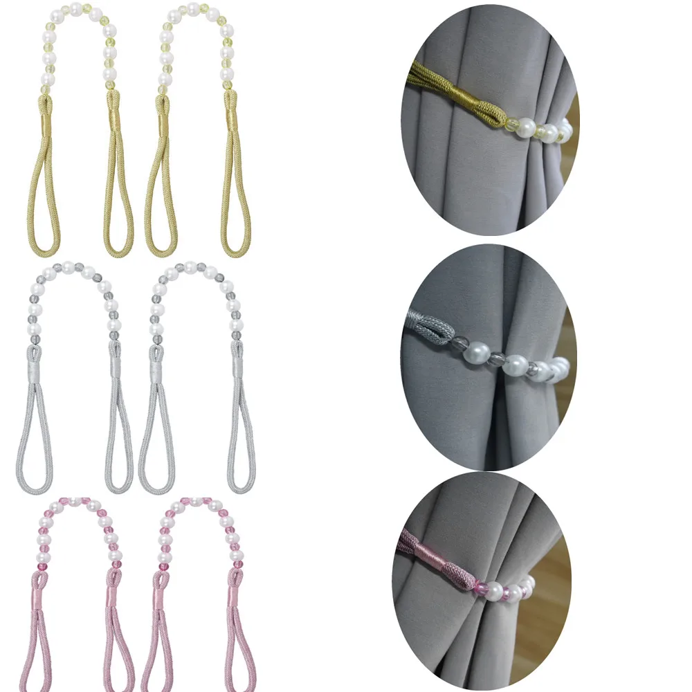 

2Pcs Faux Pearls Curtain Tieback Drapes Holdbacks Bandage Curtains Holders Buckle Tie Rope Home Office Decor Accessories