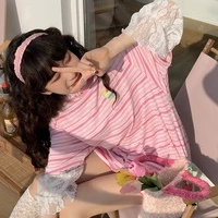 deeptown harajuku striped t shirt women kawaii girl holiday oversize loose casual pink t shirt short sleeve summer tops korean
