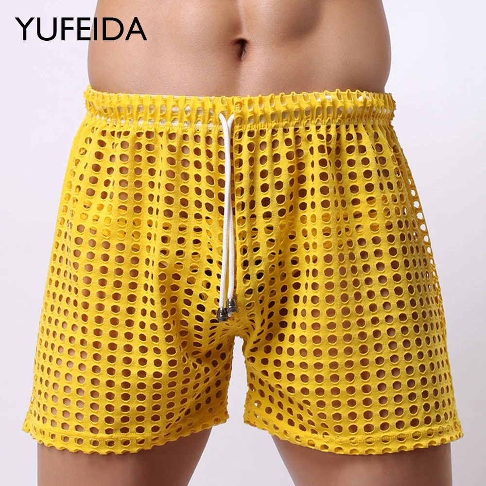 

YUFEIDA Sexy Hollow Out Boxers Shorts Men's Casual Mesh Breathable Swim Trunk Men See Through Fetish Loose Drawstring Hotpants
