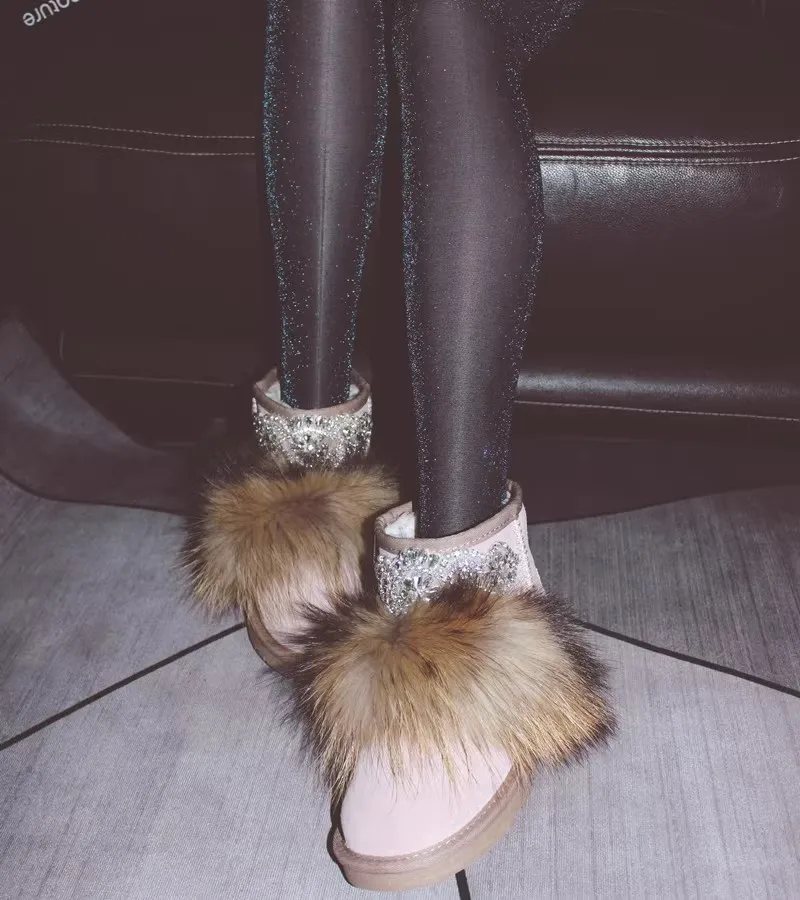 Сексуальные женские зимние теплые ботильоны с круглым носком украшенные