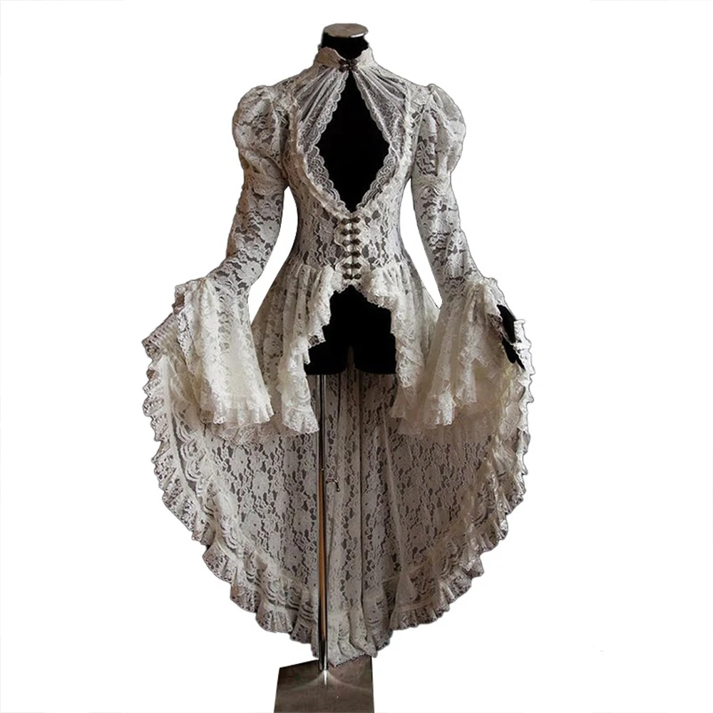 

2023 Women Vintage Lace Victorian Dress Long Flare Sleeve Gothic Long Tail Pleated Hollow Out Halloween Party Retro Dress VD3821