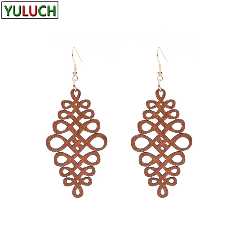 

Женские деревянные висячие серьги-подвески, ювелирные изделия, винтажные повседневные Простые эффектные полые серьги с крючком-узелком на ...