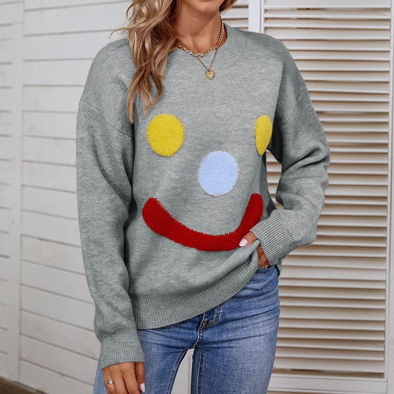 Women Knitwear 2022 Autumn Winter New Pullover Round Neck Smiley European and American Sweater Top