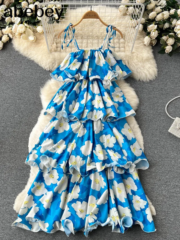 

Bohemian Women Floral Printed Long Dress Sexy Strap Sleeveless High Waist Ruffle Beach Vacation Vestidos Female Maxi Robe New
