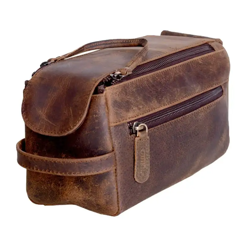 

Trendy Genuine Buffalo Unisex Toiletry Bag Travelling Kit with Distressed Tan and Hunter Colors - Perfect for Camping, Business