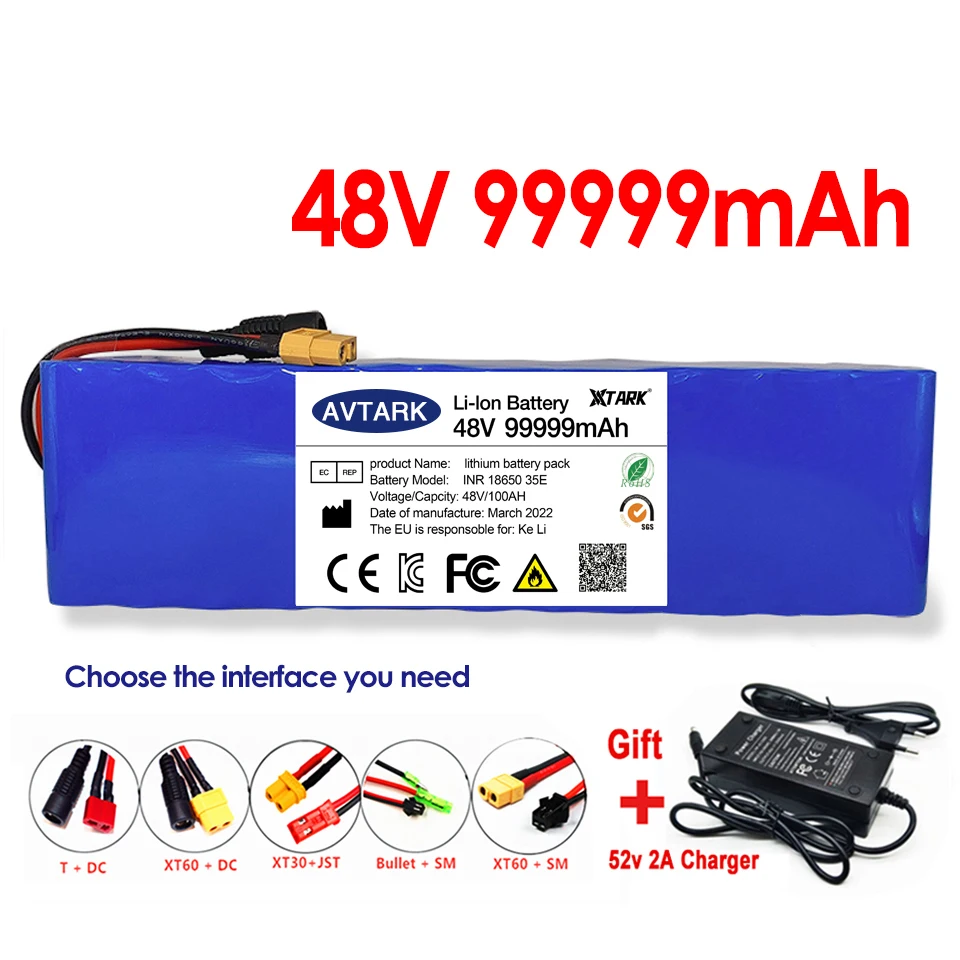 

New 48V 99999mAh 1000w 13S3P XT60 101Ah Li-ion Battery for 54.6V Scooter Electric Bike with BMS Charger