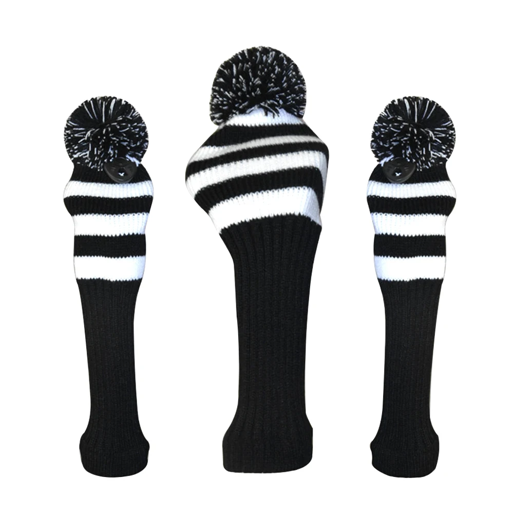 

3pcs Sports Washable Soft Dustproof Long Neck Big Pom Pom Golf Knitted Golf Headcover Set Accessories Anti Scratch For Driver