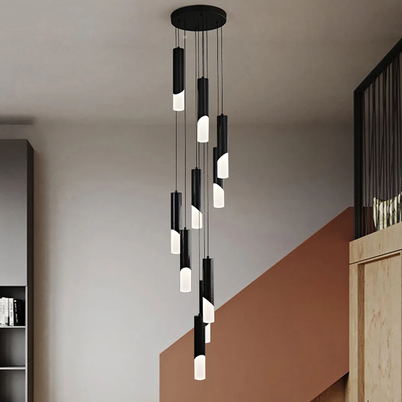 

New stair chandelier modern LED lamp duplex attic living room lamp interior decoration black chandelier rope hanging hall luster