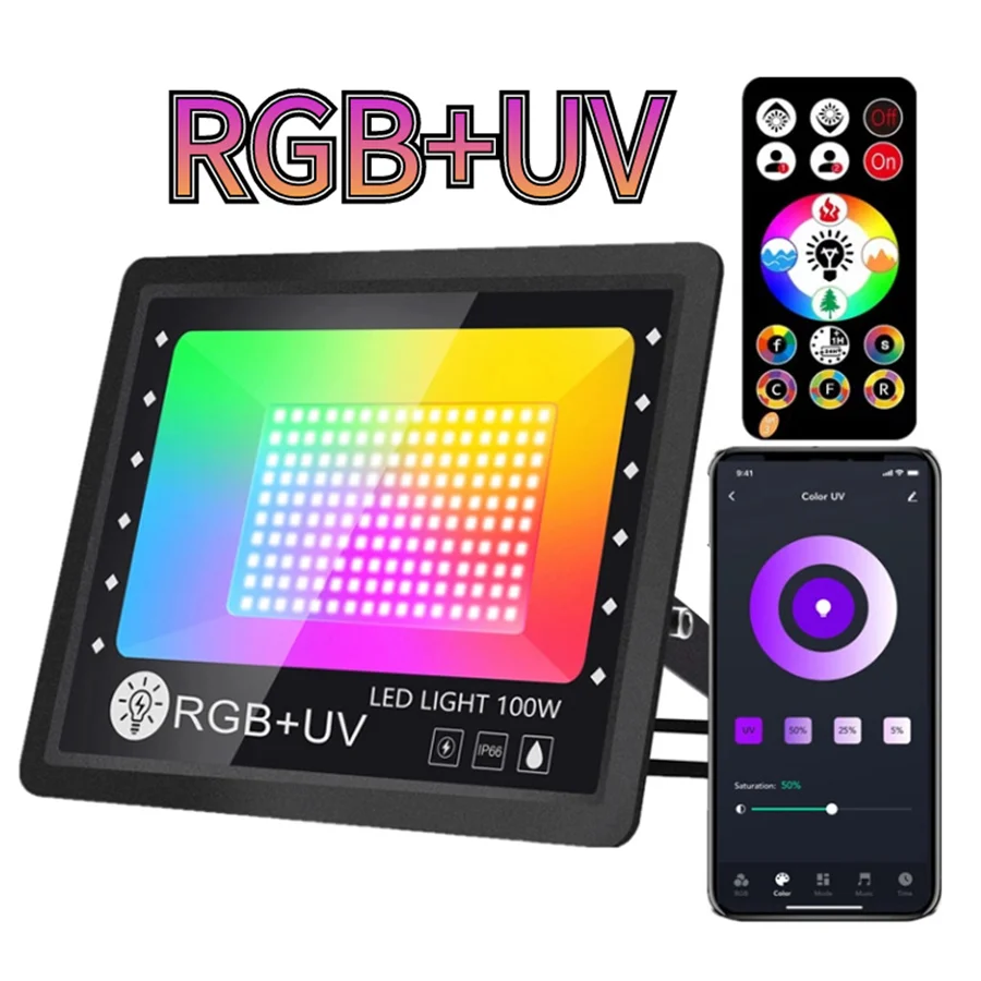 

60/100W Tuya UV Black Floodlight RGB UV APP Smart LED Floodlight Bluetooth Ultraviolet UV Black Light For Garden Landscape Decor