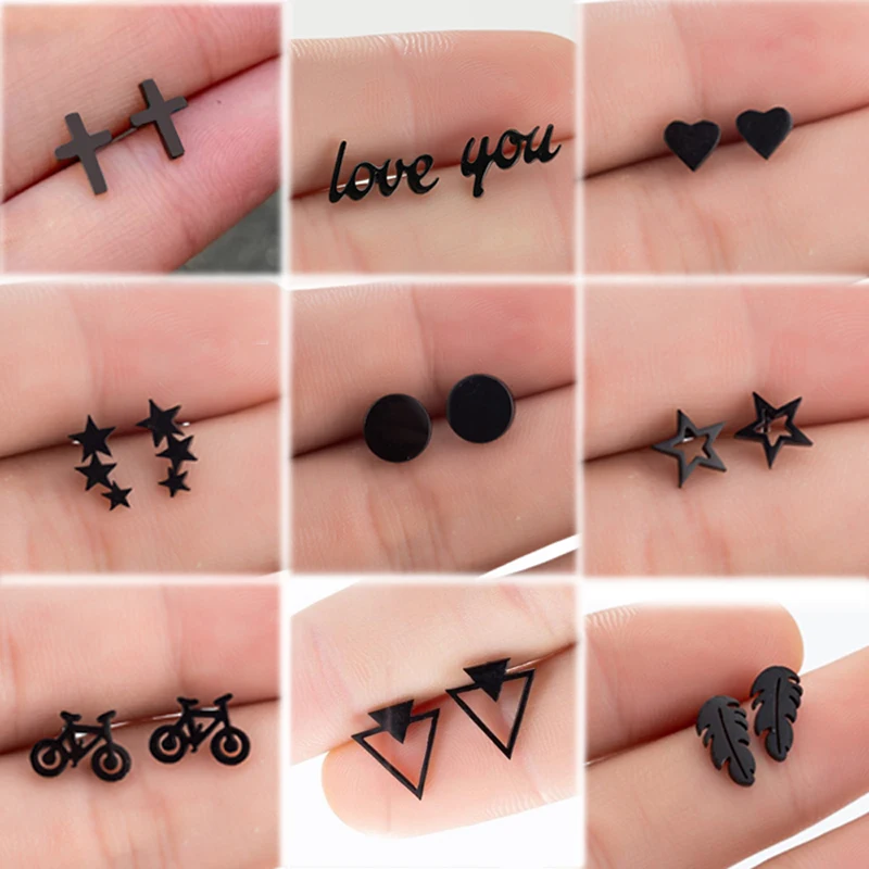 

Black Stainless Steel Earrings Small Tiny Cross Heart Star Round Triangle Geometric Ear Studs for Women Men Hip Hop Jewelry Punk