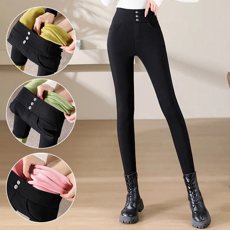 

Thicken Plush Fleece Lined Pencil Jeans Thick Fur Trousers High Waist Elastic Pants Skinny Warm Winter Slim Pantalones Leggings