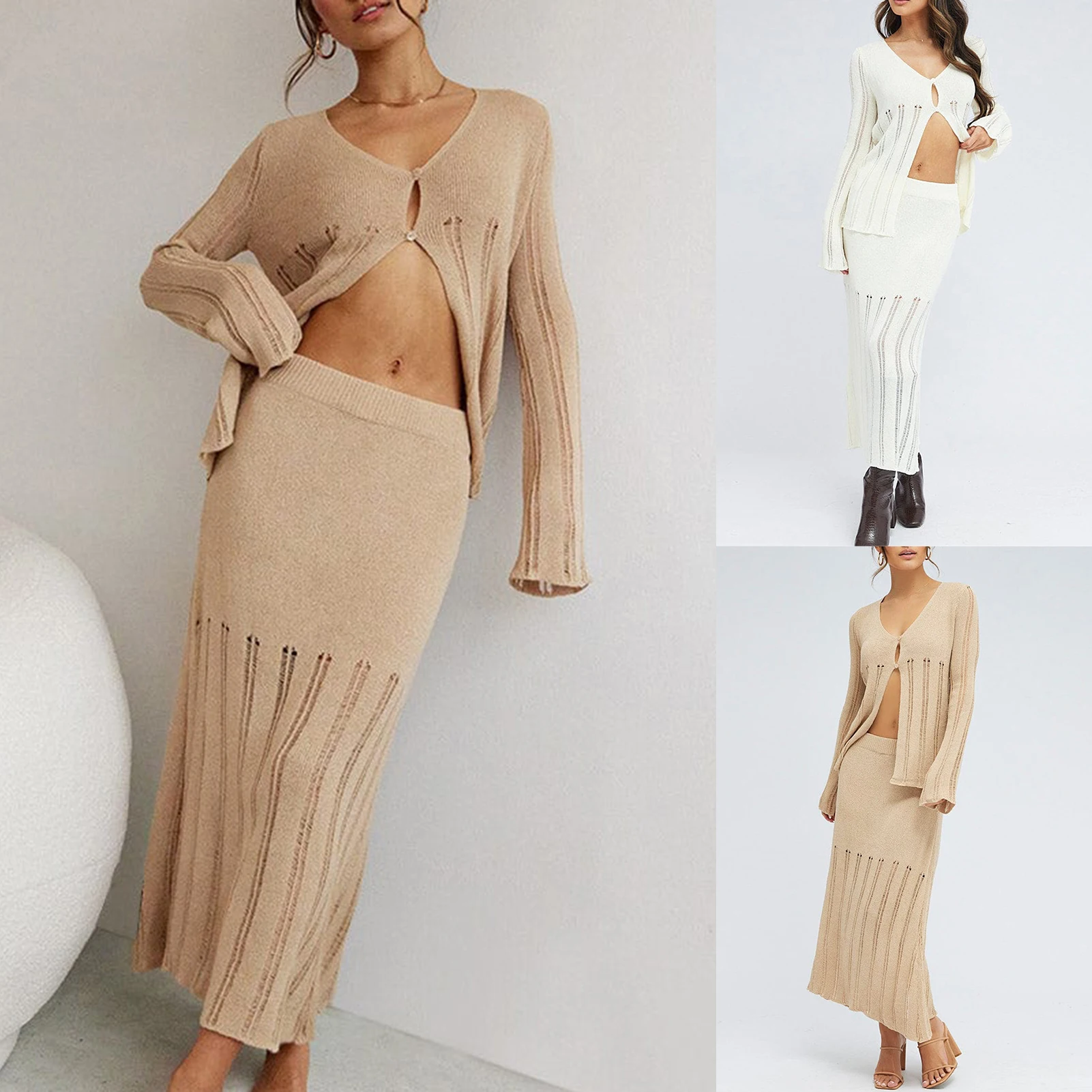 

Fashion Knitted Two Pieces Suits Hollow Out V Neck Crop Top Maxi Skirt Button Down Solid Color Elegant Style Vacation Outfit