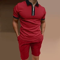european and american summer mens casualfashion polo solidcolor shirt sports lapel zipper short sleeved t shirt shorts suit