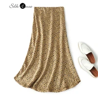 oblique cut silk skirt womens elastic waist temperament leopard print high waist mulberry silk medium length skirt