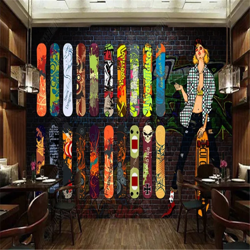 Пользовательская уличная спортивная скейтборд граффити обои промышленного декора ностальгической кирпичной стены фоновые бумаги фрески.