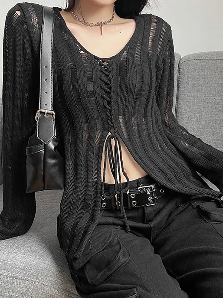 

Y2k Long Sleeve Streetwear Women clothing top Gothic See Through Bandage Blouse Black Casual Sexy Knitwear T-shirt 2023 New