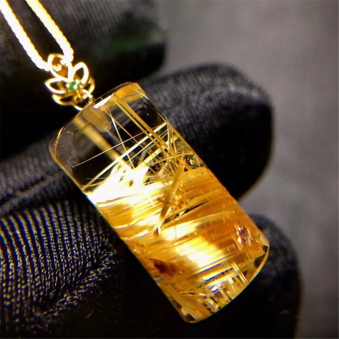

Natural Gold Rutilated Quartz Pendant 18K Gold Jewelry For Woman Man Wealth Healing Gift Reiki Crystal 18x9mm Beads AAAAA