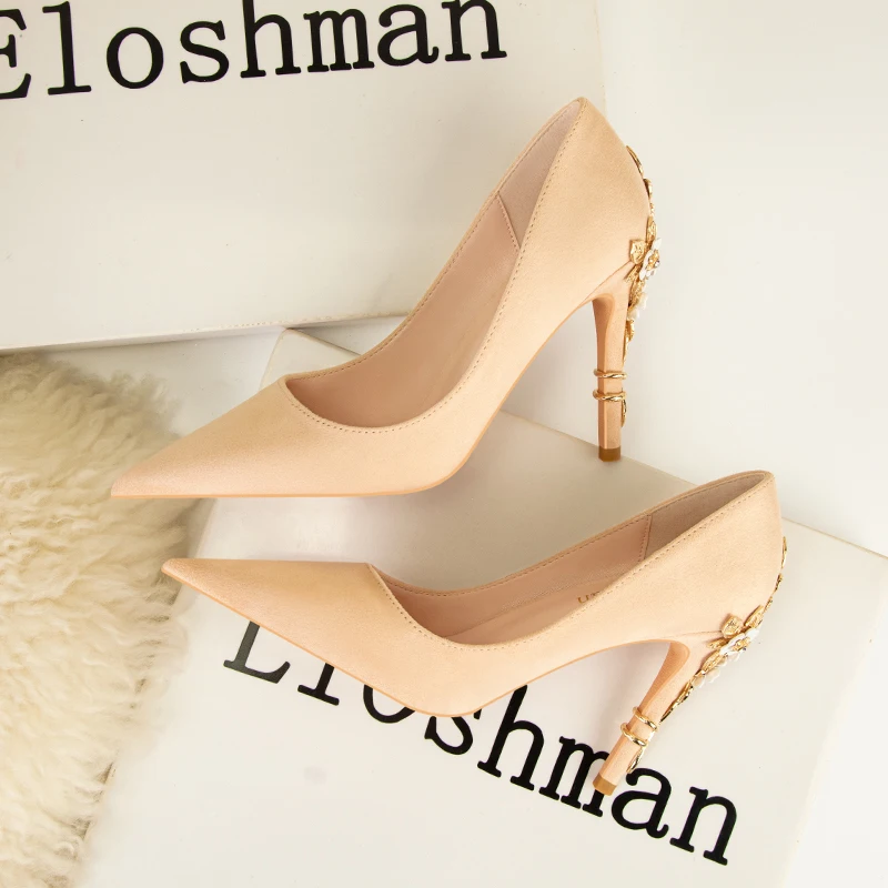 Elegant Metal Carved Heels Women Pumps 2023 High Quality Fashion Sexy Suede High Heels 10cm Shoes Woman Wedding Shoes