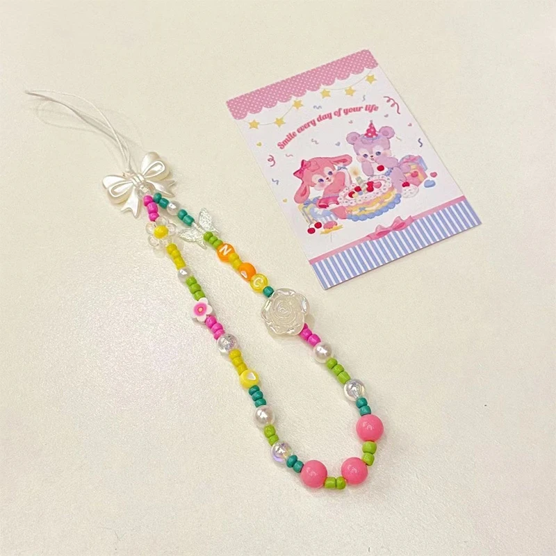 Romantic Colorful Flower Bow Tie Key Chain Ladies Fashion Cute Vintage Keychain Charm Korea 90s Aesthetic Bag Phone Chain Gifts