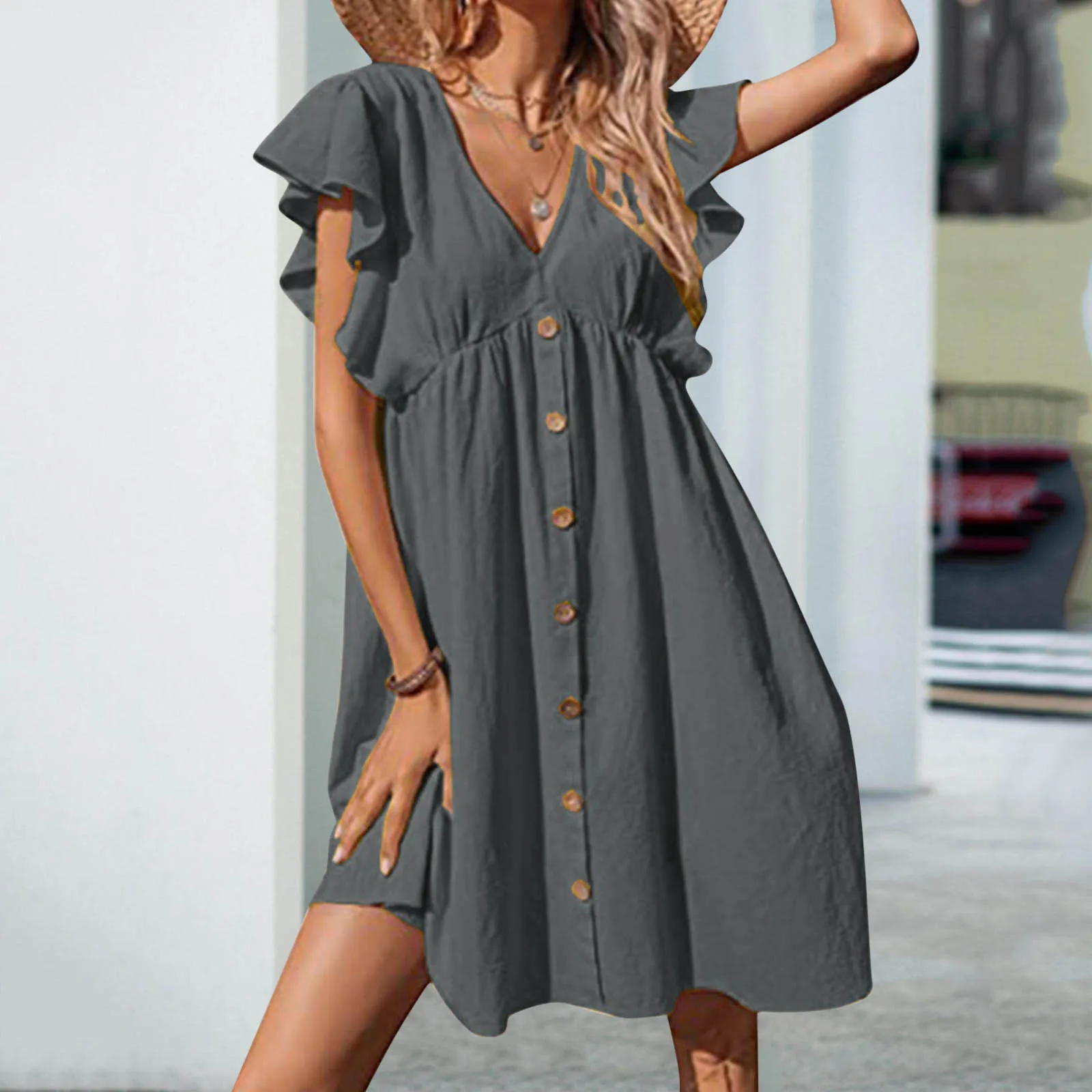 

Женское летнее платье с V-образным вырезом, повседневные платья-качели с цветочным рисунком, платье-футболка средней длины с пуговицами, пла...