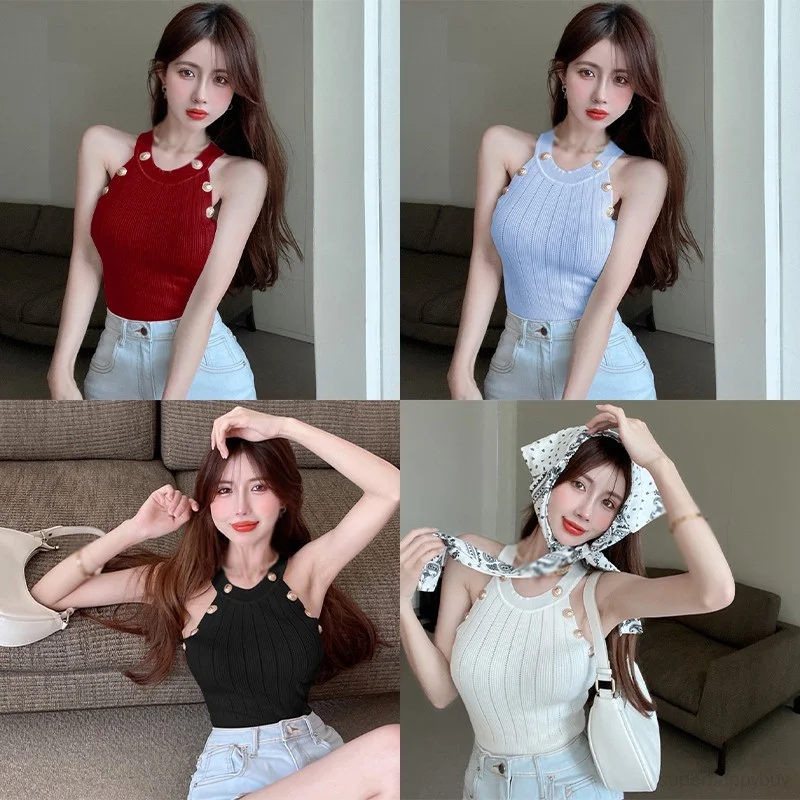 

Women's Solid Color Tank Tops Halter Knitted Retro Sleeveless Camisole
