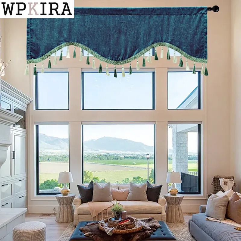 

American Valance Bottom Curved Curtains for Bay Window Velvet Drape With Tassel Kitchen Partition Porch Blinds S194#D