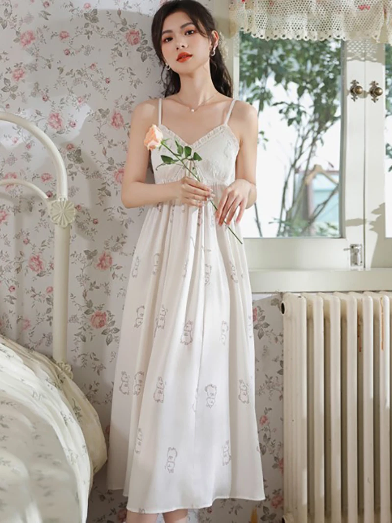 Women Spaghetti Strap Sleeveless Victorian Pajama Nightdress Summer Print Lolita Sweet Silk Nightgowns with Chest Pad Homewear